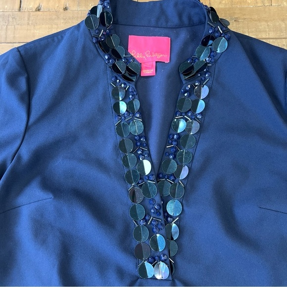 Lilly Pulitzer SHEA STRETCH DRESS Sequin V-neck Collar Casual Preppy Navy SIZE 2 - Picture 5 of 13